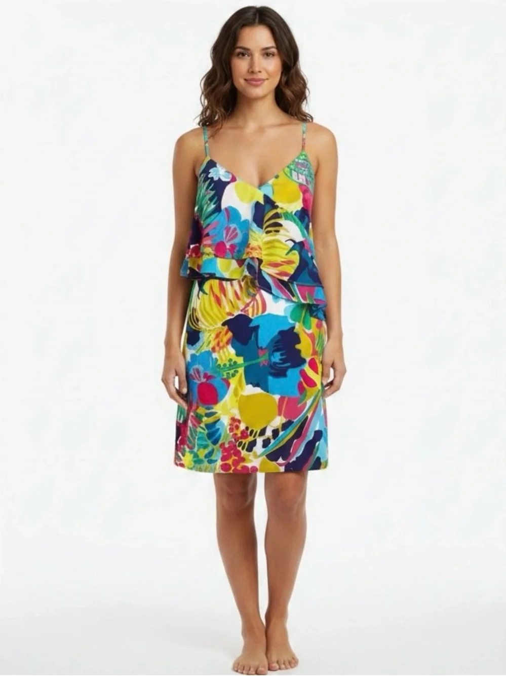 J. Crew Tropical Floral Tiered Ruffle Cami Mini Dress Yellow Blue 12 Beach
